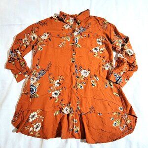 Back In The Saddle Women’s Large Rust Floral High-Low Button Up Tunic Shirt
